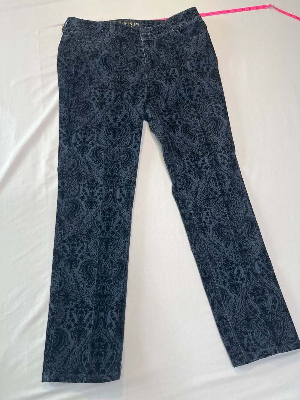 Black Blue Damask Flocked Paisley Pants | Y2K Boho Velvet Texture Statement Tro